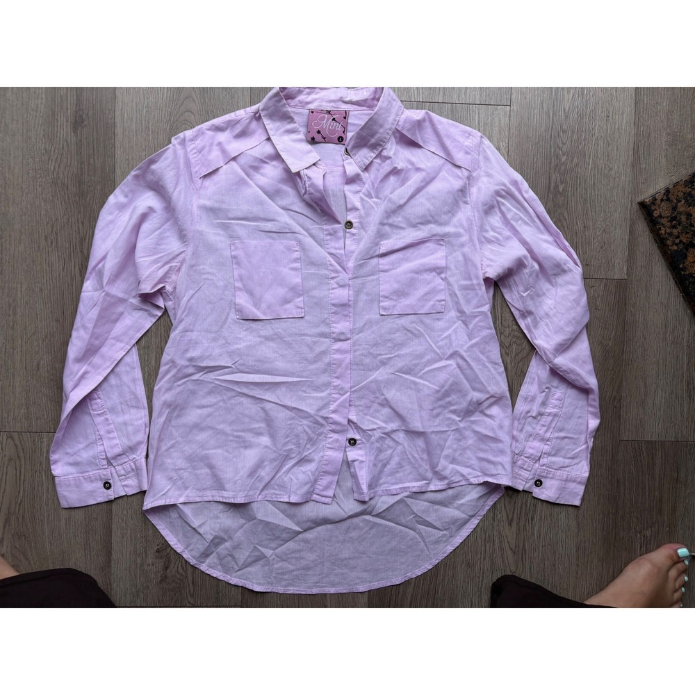Mint Women Lavender White Micro Stripe Button Down High Low Shirt Large